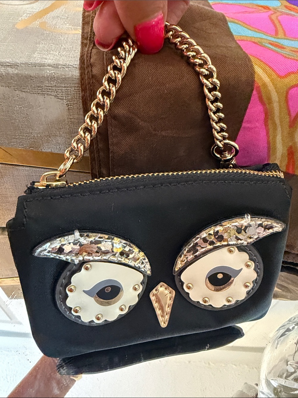 Kate Spade Black Owl Face Chain-Handle credit card coin purse